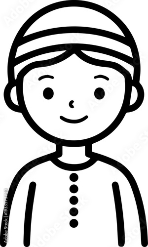 Smiling boy wearing traditional Muslim cap and kurta Black and white vector illustration
