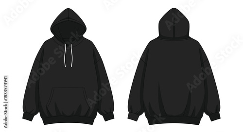 Two representations of an oversized black hoodie are displayed, showing a clear front view and a contrasting back view.