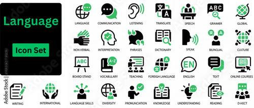 Silhouette vector of Language icon set. Language icon set. Icons of dictionary, global, diversity, grammar, vocabulary, writing,  non, translate, language, listening, speaking, and more.