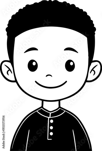 Smiling boy wearing traditional Muslim cap and kurta Black and white vector illustration
