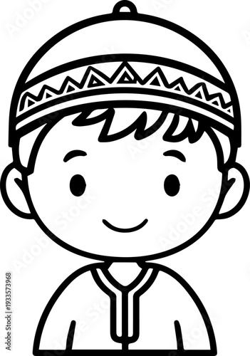 Smiling boy wearing traditional Muslim cap and kurta Black and white vector illustration
