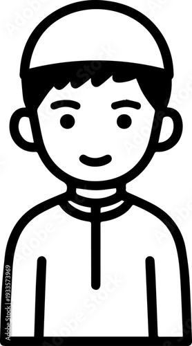 Smiling boy wearing traditional Muslim cap and kurta Black and white vector illustration
