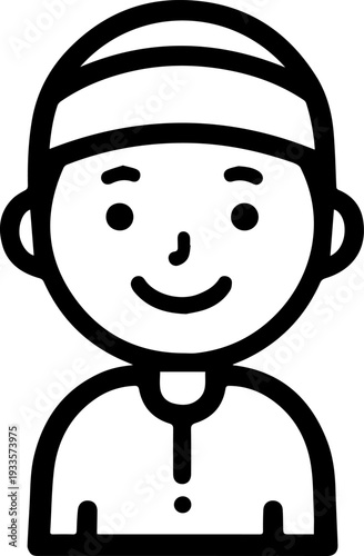 Smiling boy wearing traditional Muslim cap and kurta Black and white vector illustration
