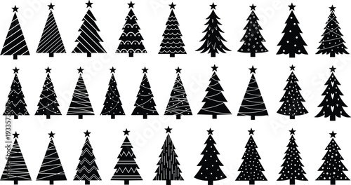 Set of Decorative Christmas Tree Silhouettes with Star Toppers, Featuring Minimalist Black Designs and Various Abstract Patterns for Festive Holiday Graphics