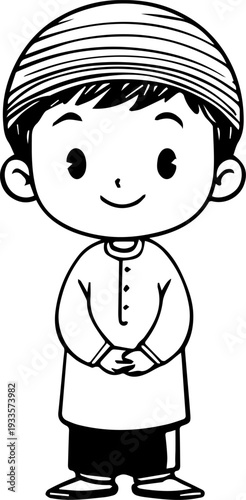 Smiling boy wearing traditional Muslim cap and kurta Black and white vector illustration
