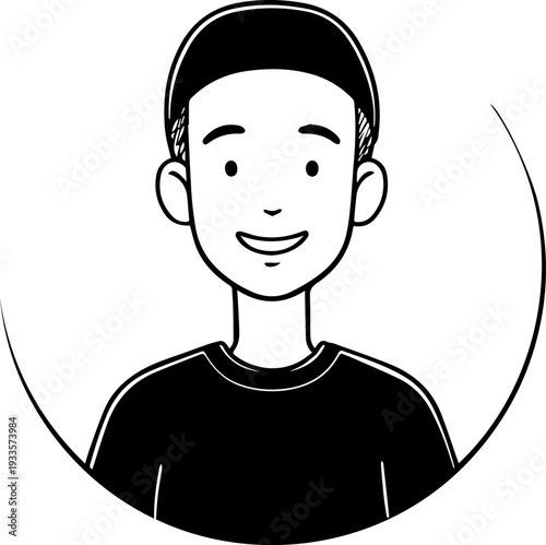 Smiling boy wearing traditional Muslim cap and kurta Black and white vector illustration
