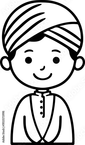 Smiling boy wearing traditional Muslim cap and kurta Black and white vector illustration
