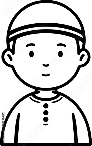 Smiling boy wearing traditional Muslim cap and kurta Black and white vector illustration
