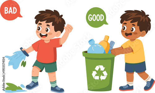 Good vs bad recycling behavior illustration, children learning proper waste disposal, environmental education concept, cartoon vector design