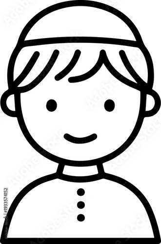 Smiling boy wearing traditional Muslim cap and kurta Black and white vector illustration
