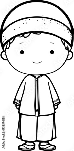 Smiling boy wearing traditional Muslim cap and kurta Black and white vector illustration
