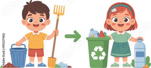Kids cleaning and recycling illustration, children collecting trash and sorting plastic waste, environmental education concept, cartoon vector design