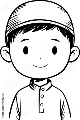 Smiling boy wearing traditional Muslim cap and kurta Black and white vector illustration
