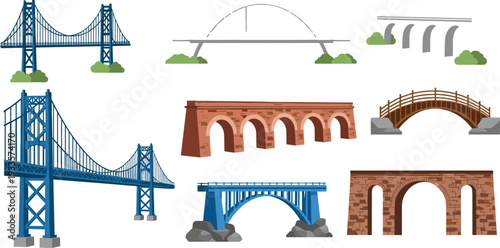 Set of Diverse Bridge Vector Illustrations Featuring Suspension, Stone Arch, and Modern Architectural Designs for Infrastructure Projects, Transportation Graphics, and Urban Planning