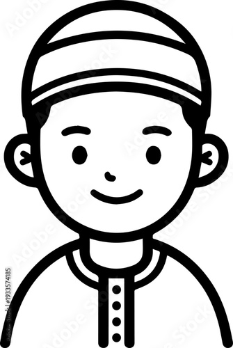 Smiling boy wearing traditional Muslim cap and kurta Black and white vector illustration
