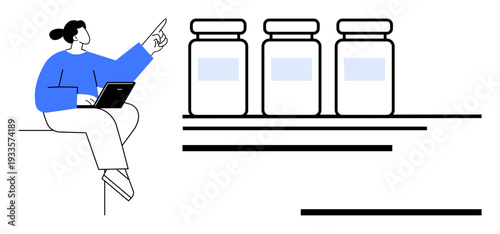 Woman holding a laptop while pointing at three medication bottles on a shelf. Ideal for healthcare, pharmacy, research, medical technology, education, analysis, or consultation themes. Simple flat