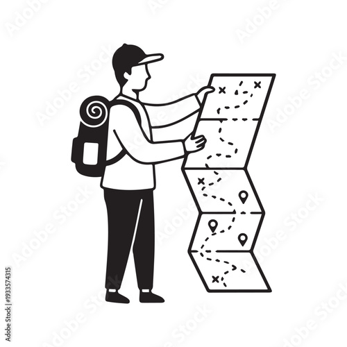 Black and white vector line art illustration of a traveler with a backpack holding and reading a large folding map
