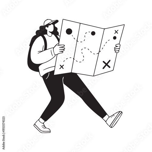 Black and white vector line art illustration of a traveler with a backpack holding and reading a large folding map
