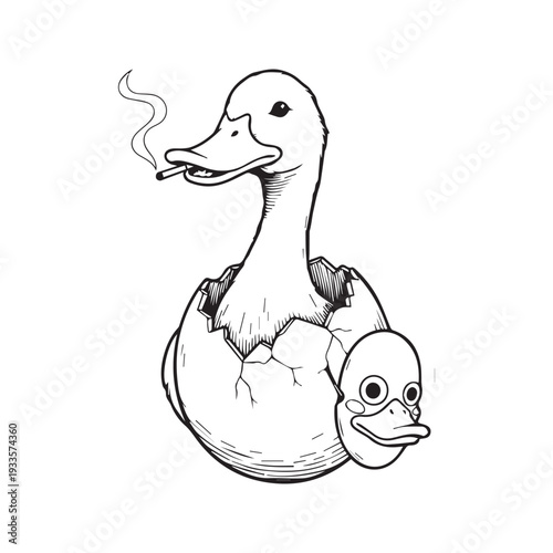 Funny black and white cartoon illustration of an adult duck smoking a cigarette holding a cute baby duck mask wearing an eggshell costume 2.eps