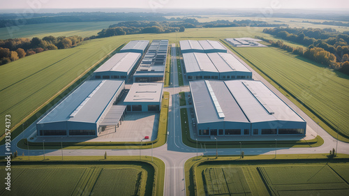 Industrial complex with warehouses in rural landscape.