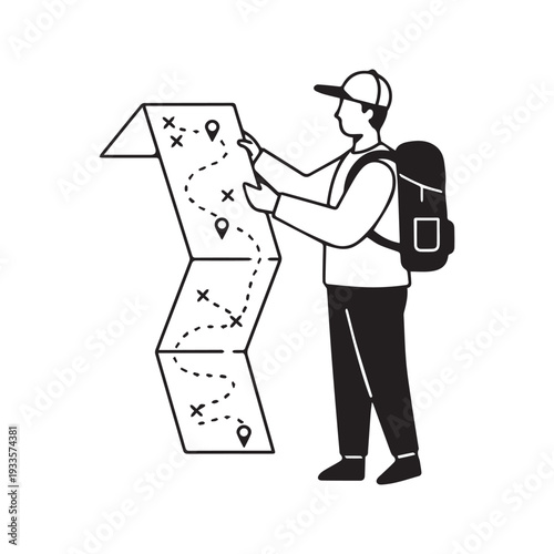 Black and white vector line art illustration of a traveler with a backpack holding and reading a large folding map
