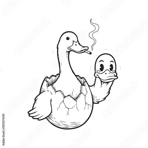 Funny black and white cartoon illustration of an adult duck smoking a cigarette holding a cute baby duck mask wearing an eggshell costume 2.eps