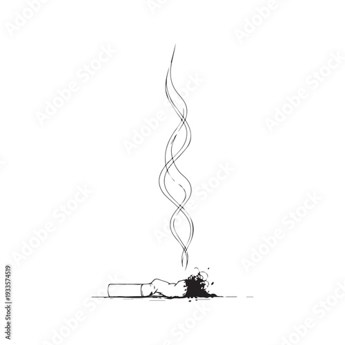 Minimalist continuous line drawing of a crushed smoking cigarette butt vector illustration.
