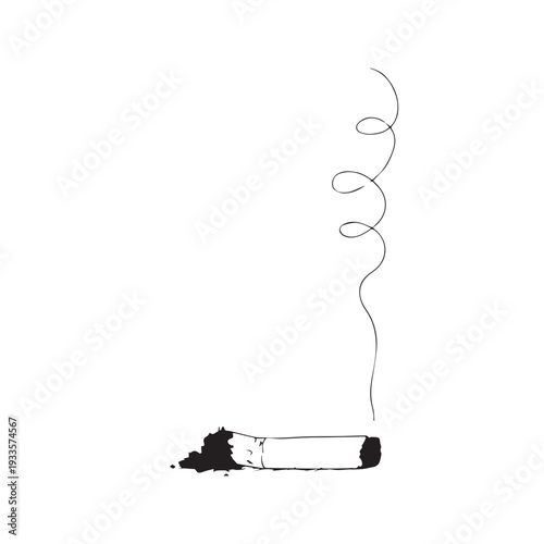 Minimalist continuous line drawing of a crushed smoking cigarette butt vector illustration.
