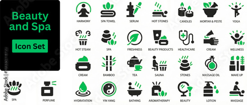 Silhouette vector of Beauty and Spa icon set. Beauty and spa salon icon set with skincare, makeup, aromatherapy, wellness, hair care, and cosmetic treatment vector illustration