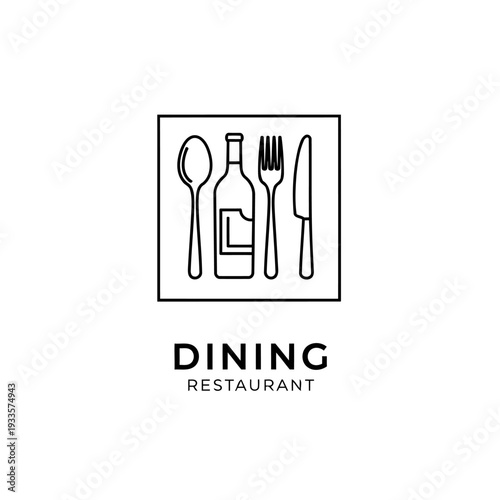 Dining restaurant logo with cutlery and bottle minimal line art emblem.