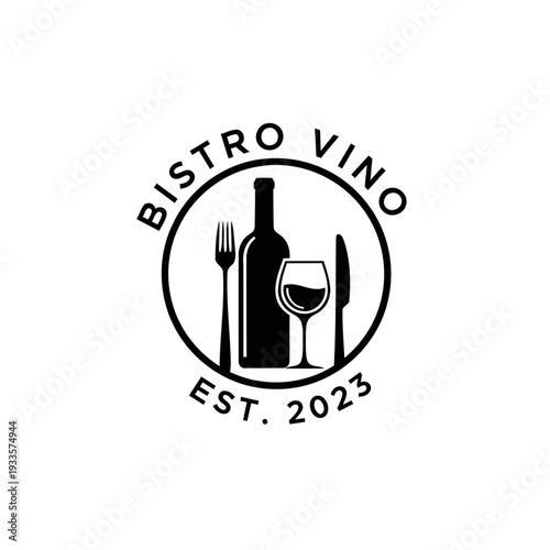 Bistro vino logo design with wine bottle, glass and cutlery emblem Est. 2023.