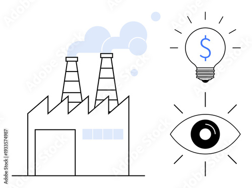 Industry, innovation, economy, surveillance, productivity, energy. Factory with smokestacks, lightbulb with dollar sign and an eye icon. Industry and innovation with economic and surveillance