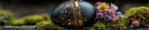 Macro close up of decorated easter egg with gold filigree and pastel flowers in real birds nest on fresh moss in spring garden light.