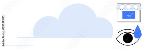 Cloud computing, e-commerce, online shopping, data security, privacy protection, visual monitoring. Image a cloud, store icon and eye graphic with a raindrop. Cloud computing and e-commerce concept