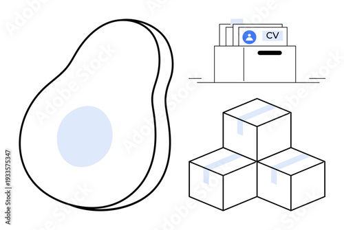 Modern concepts. Minimalist icons an avocado, job applications with CVs, and logistics with packed boxes. Modern design for food, HR, delivery, and organization