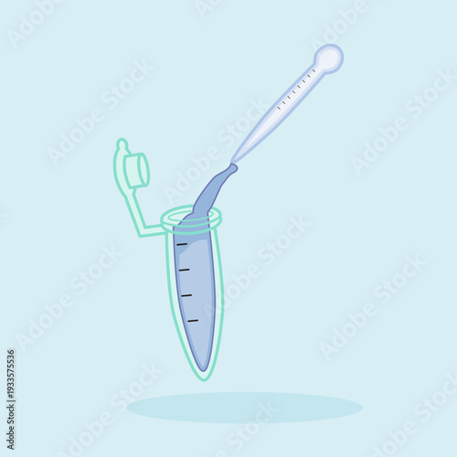 illustration of pipette transferring liquid into micro tube on blue background. Suitable for medical research visuals and laboratory education materials.