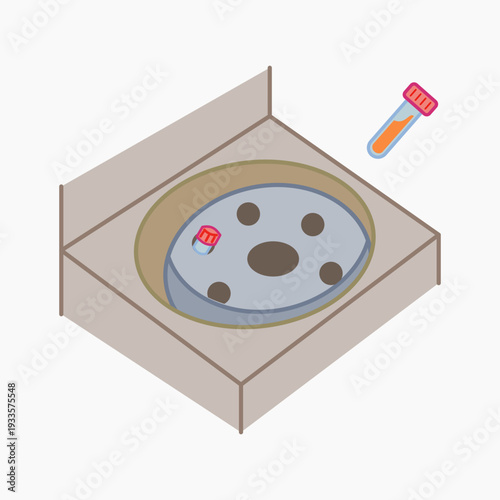 illustration of opened centrifuge and sample tube on white background. Suitable for microbiology research and medical laboratory materials.