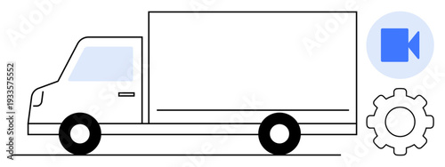Logistics, transportation, delivery services, technology integration, fleet management, supply chains. White truck illustration with video and gear icons. Logistics and transportation concepts