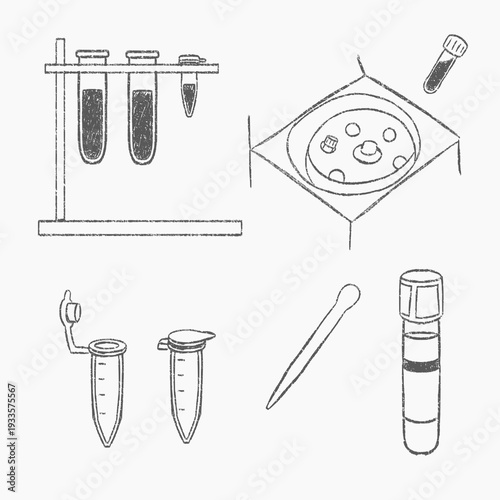 illustration of laboratory equipment with sketch style lines on white background. Suitable for science notes, medical infographics, and research visuals.