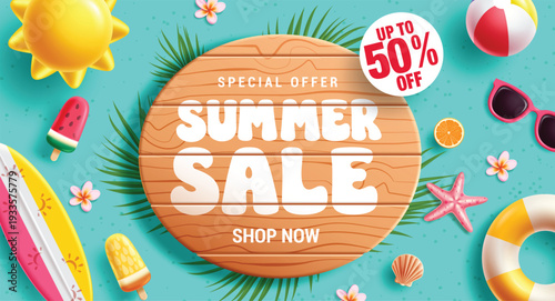 Summer Sale clipart banner design. Summer Sale text clip art in wood circle special offer shopping discount with tropical elements in blue background for Summer vacation banner Sale and promo 