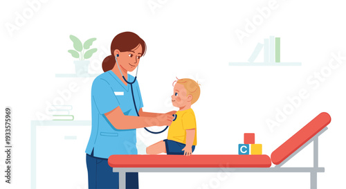 A caring female doctor in blue scrubs examines a smiling toddler boy with a stethoscope on a red examination table in a medical office.