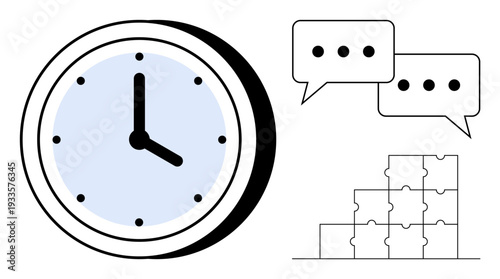 Time management concept. Features clock, speech bubbles for communication, and puzzle pieces for problem-solving. Time management improves productivity and streamlines collaboration. For teamwork
