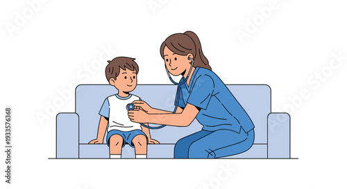 A female doctor in light blue scrubs attentively examines a young boy with a stethoscope while he sits calmly on a light blue couch.