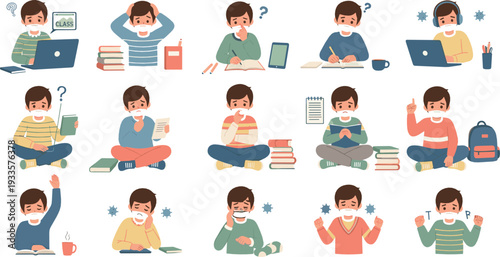 Boy student studying and learning at home with books and laptop, different emotions and activities, online education and school homework flat vector illustration set