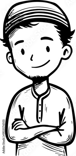 Smiling boy wearing traditional Muslim cap and kurta Black and white vector illustration
