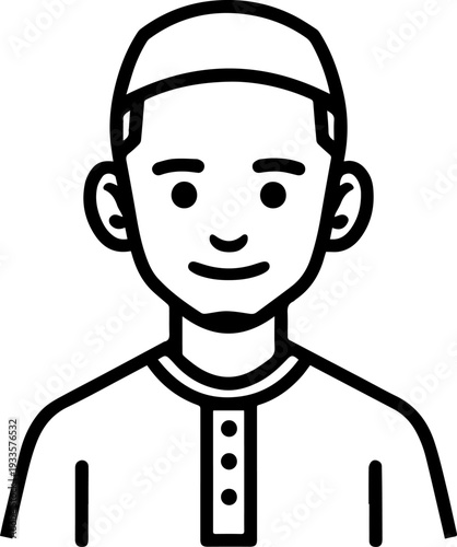 Smiling boy wearing traditional Muslim cap and kurta Black and white vector illustration
