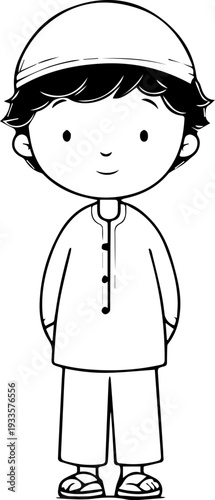 Smiling boy wearing traditional Muslim cap and kurta Black and white vector illustration
