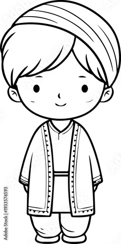 Smiling boy wearing traditional Muslim cap and kurta Black and white vector illustration
