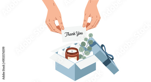 Two hands are carefully placing a Thank You card into an open light blue gift box filled with packing peanuts, a candle, and eucalyptus.