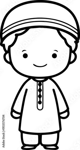 Smiling boy wearing traditional Muslim cap and kurta Black and white vector illustration
